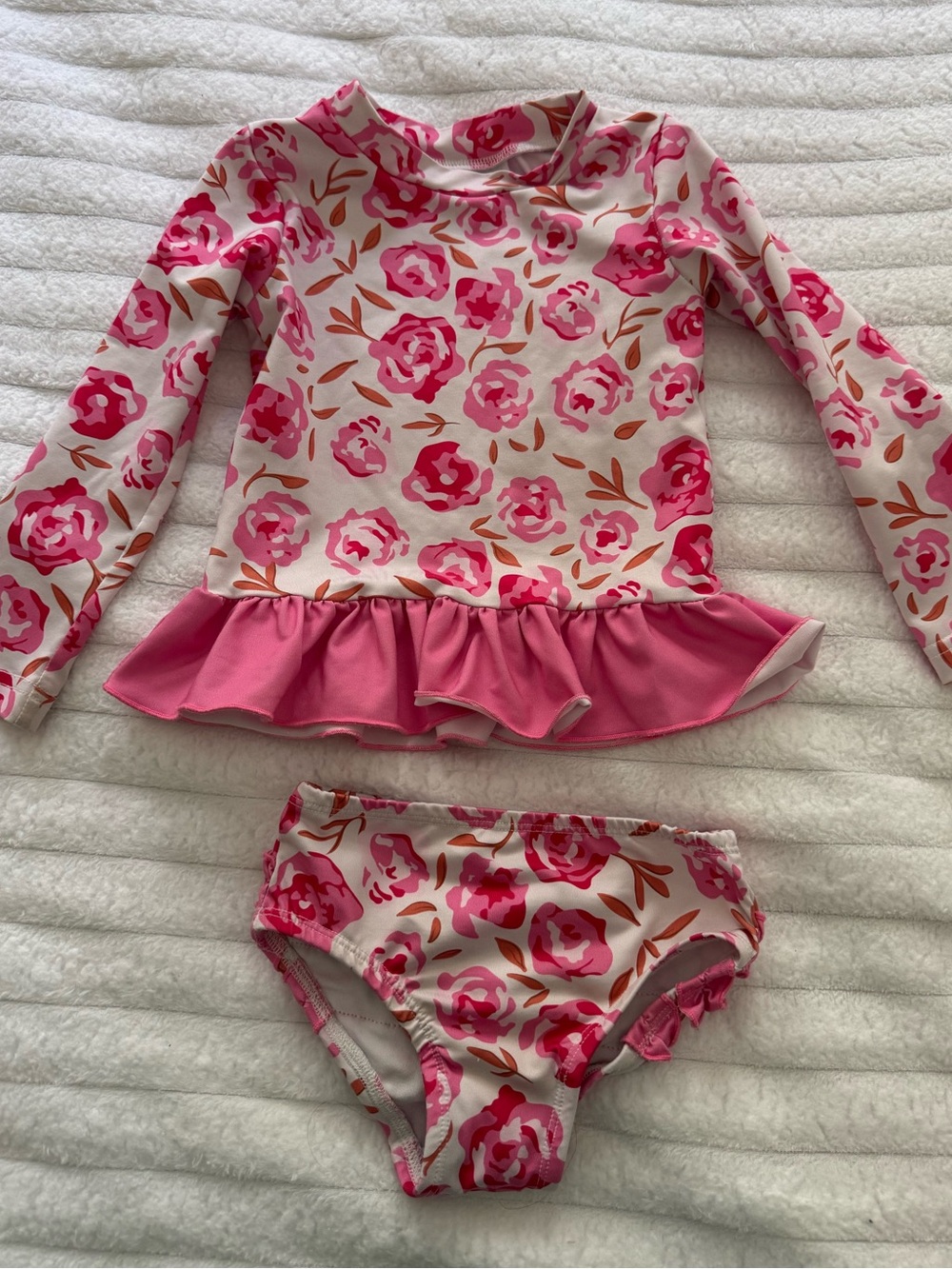Smocked Sweets Pink roses floral Long-Sleeve Rash Guard two piece Swim Set